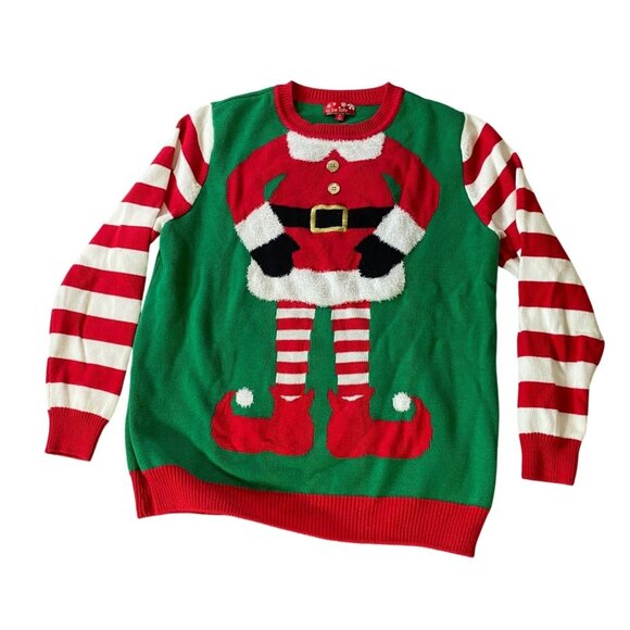 Santa Elf Christmas Sweater Green Red Striped Sleeves Fun Design XL - Picture 2 of 10